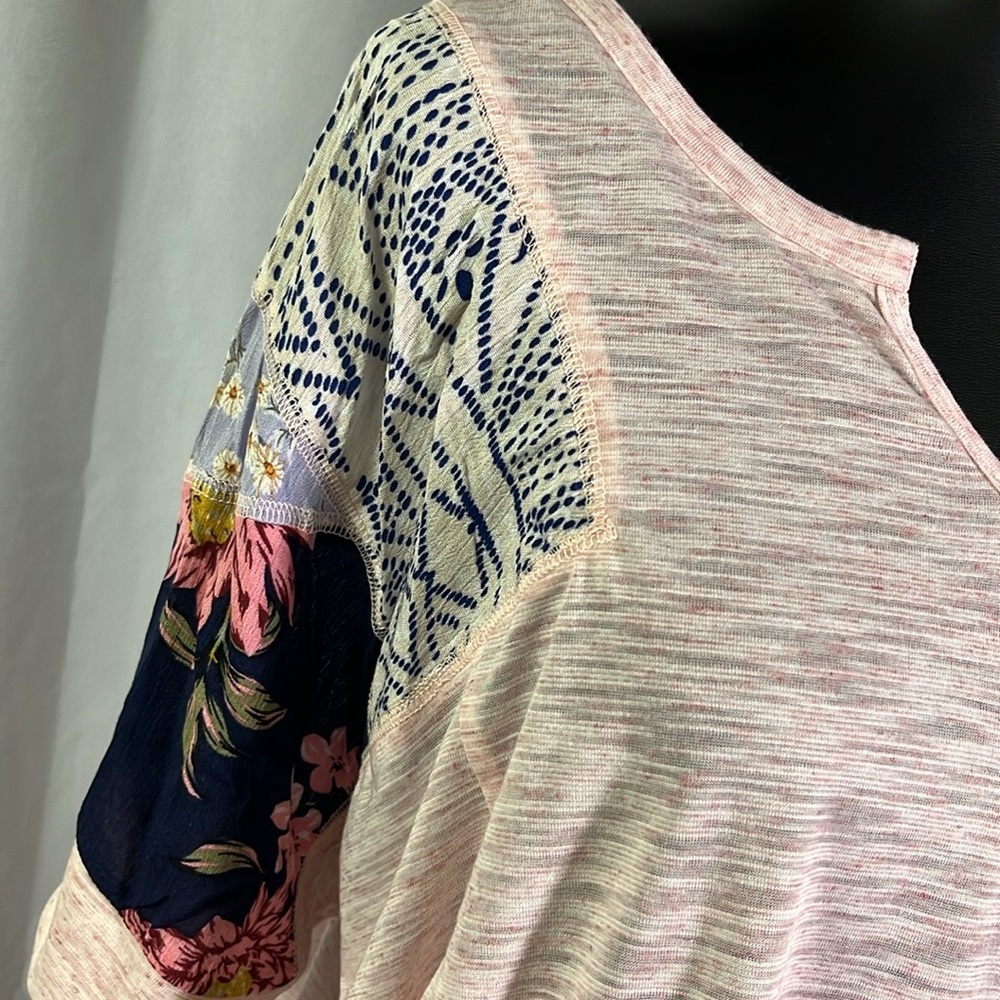 Kori Pink Space Dyed Patchwork Split Neck Oversized Short Sleeve Top - Picture 6 of 16